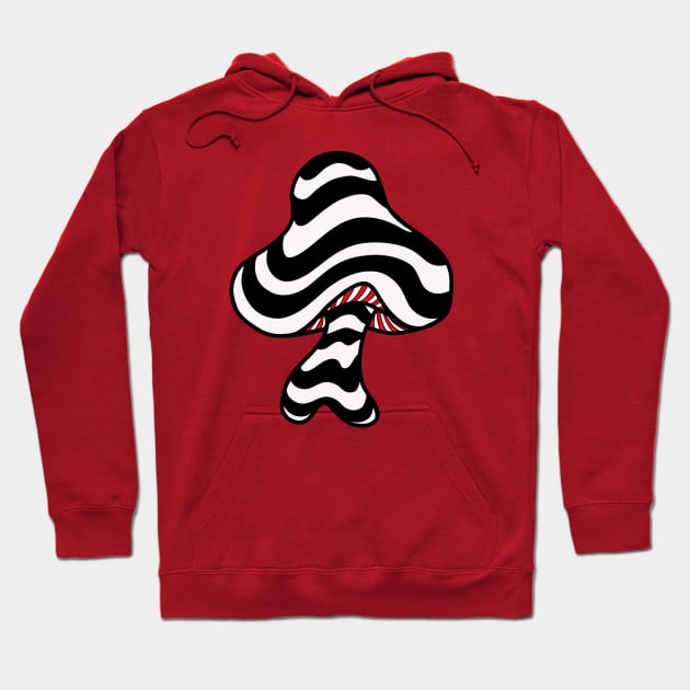 The Perfect Mushroom: Exotic Trippy Wavy Black and White Psychedelic Stripes Contour Lines with Red Underbelly Hoodie by Ciara Shortall Art